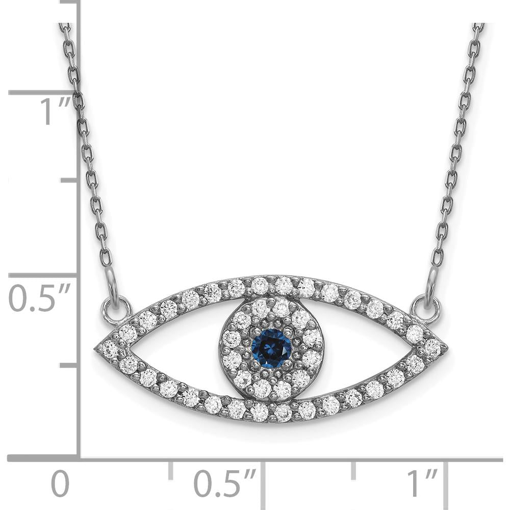 14K White Gold 18" Polished Evil Eye Necklace with Round Diamonds and Sapphire - 1/2 Carat Total Gem Weight by Oro Pregiato