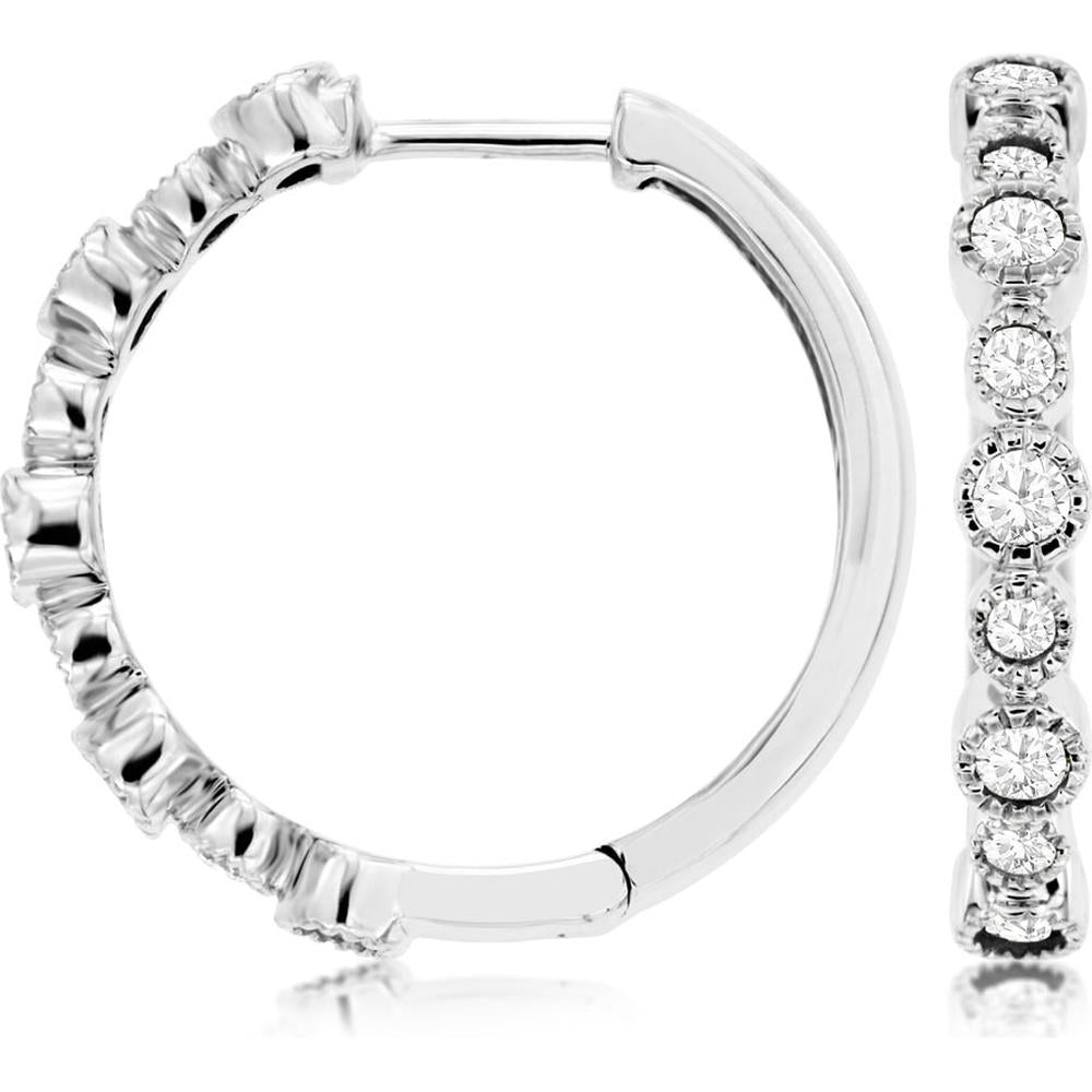 14K White Gold 19mm Diamond Hoop Earrings with Milgrain Detailing and Round Brilliant Diamonds - 0.48 Carat Total Diamond Weight - Royal Jewelry
