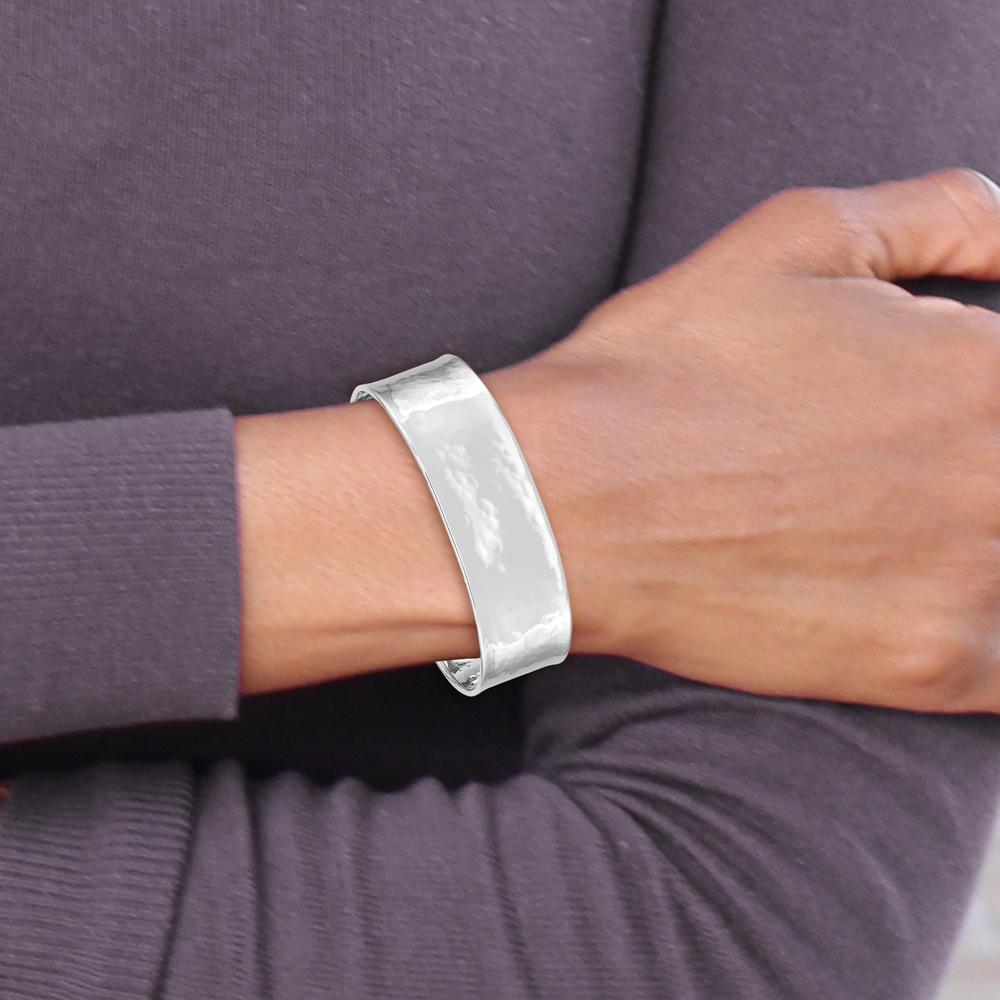 14K White Gold 19mm Hammered Polished Cuff Bangle Bracelet by Oro Pregiato