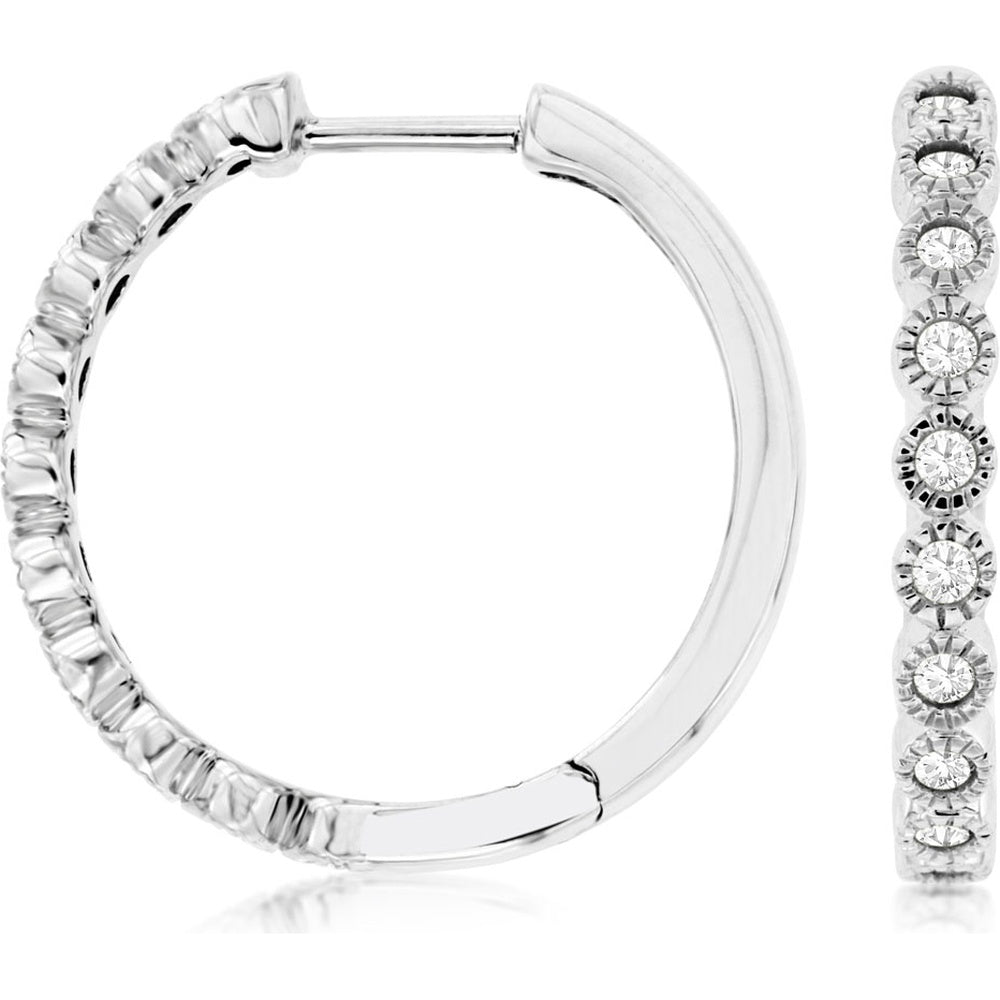 14K White Gold 19mm Medium Hoop Earrings with Milgrain Bezel Set Round Diamonds - 0.27 Carat Total Diamond Weight - Royal Jewelry