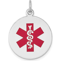 14K White Gold 19mm Round Red Enamel Medical Alert Pendant - Polished Back, Engravable by Oro Pregiato