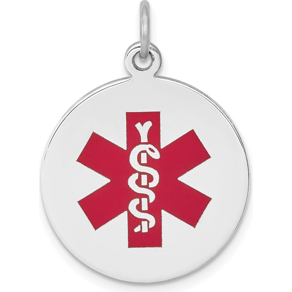 14K White Gold 19mm Round Red Enamel Medical Alert Pendant - Polished Back, Engravable by Oro Pregiato