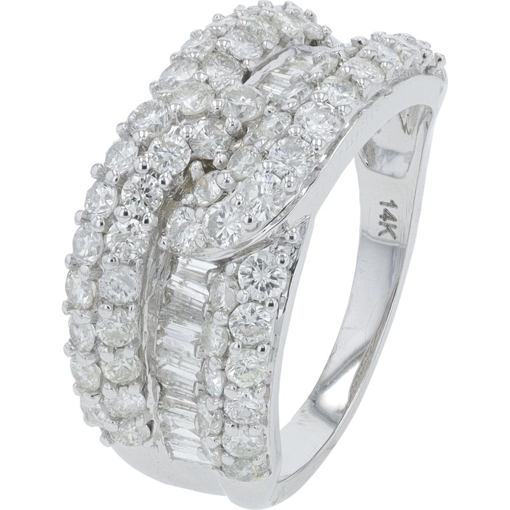 14K White Gold 2.00 Carat Diamond Ring with Round and Baguette Diamonds
