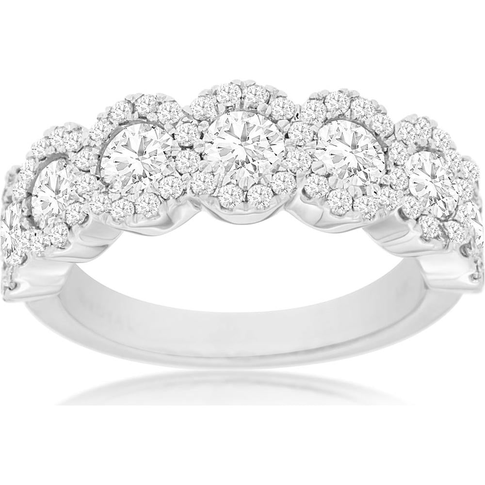 14K White Gold 2.00 Carat Graduating Halo Diamond Wedding Band with Round Brilliant and Accent Diamonds - Royal Jewelry