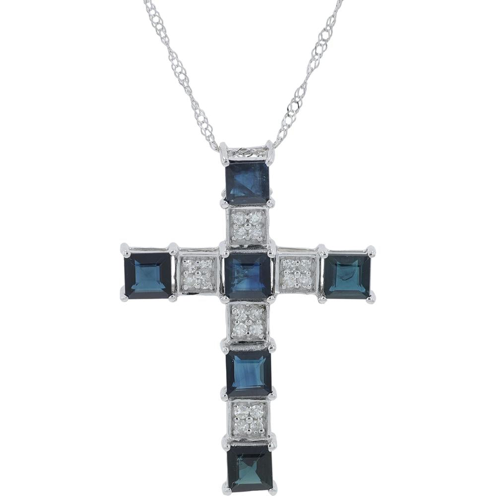 14K White Gold 2.00 Carat Square - Cut Sapphire Cross Pendant with 0.07 Carat Diamond Accents