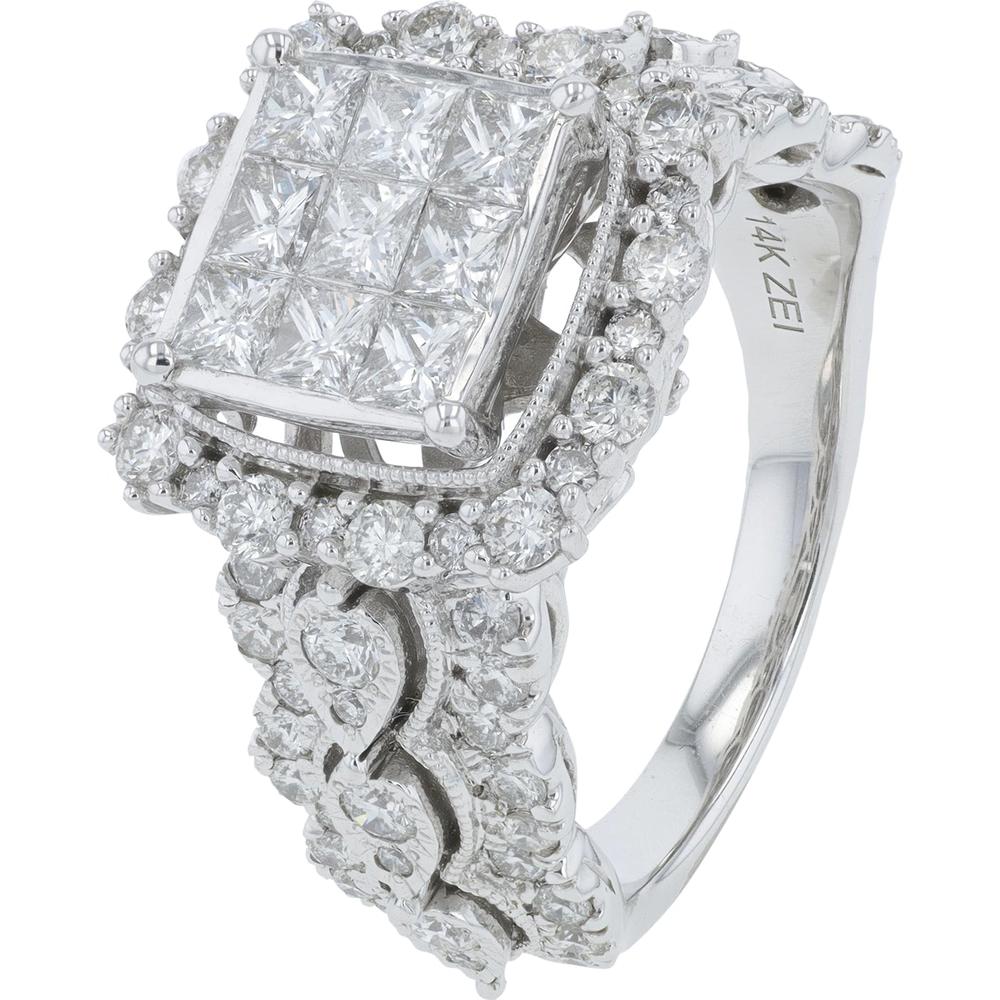 14K White Gold 2.00 Carat Total Carat Weight Diamond Ring with Square Center and Halo Diamonds