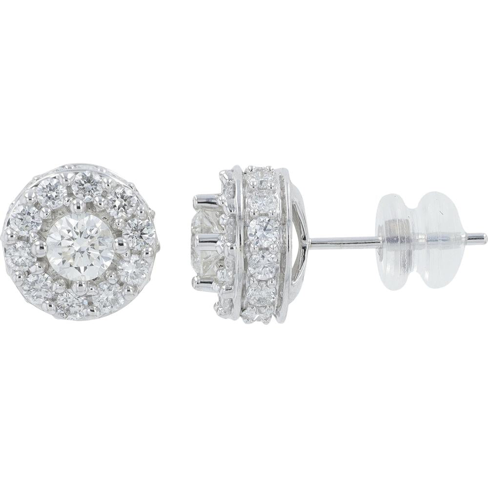 14K White Gold 2.00 Carat Total Diamond Stud Earrings with Round Diamonds and Milgrain Detailing
