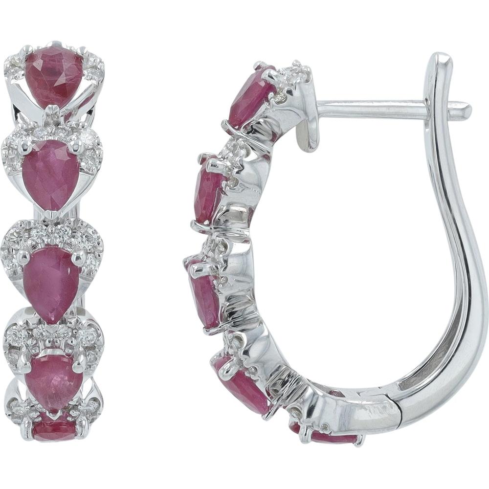 14K White Gold 2.00 Carat Total Ruby and 0.30 Carat Diamond Hoop Earrings - Pear Shaped