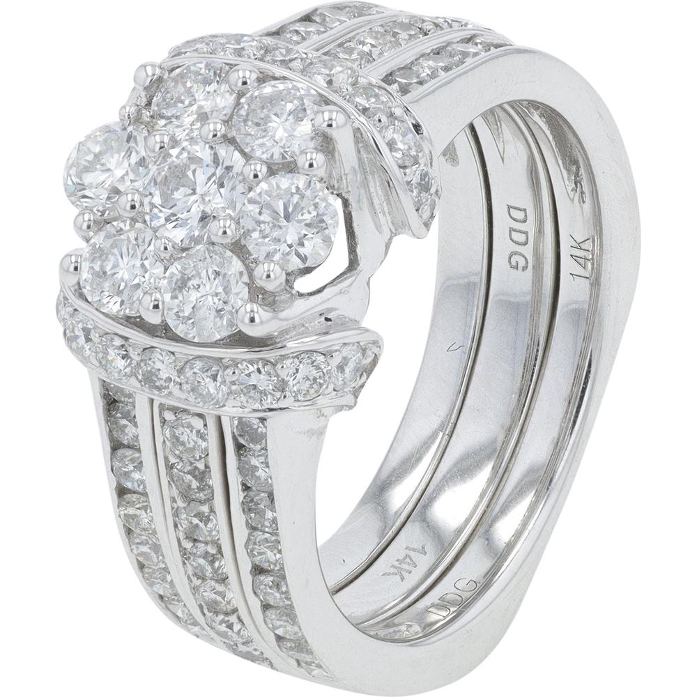 14K White Gold 2.00 Carat Total Weight Diamond Bridal Set with Flower Shaped Design and Milgrain Detail