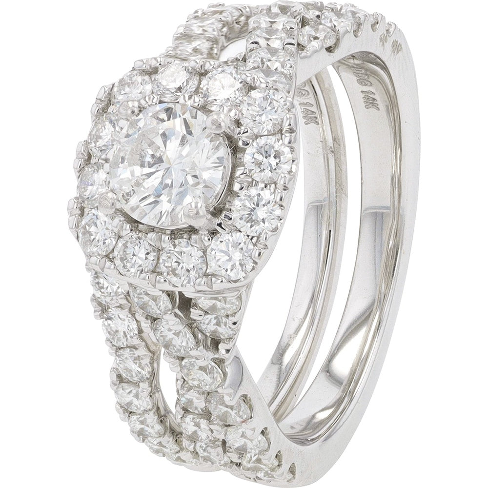 14K White Gold 2.00 Carat Total Weight Diamond Bridal Set with Round Halo Engagement Ring and Contoured Matching Wedding Band