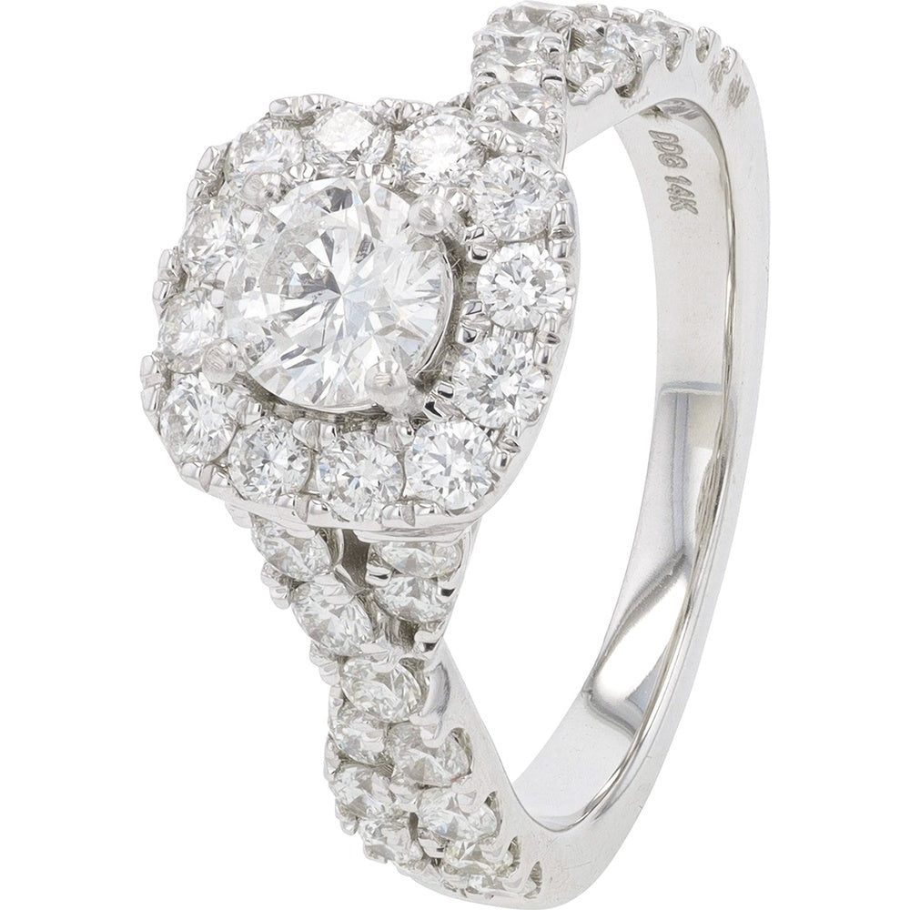 14K White Gold 2.00 Carat Total Weight Diamond Bridal Set with Round Halo Engagement Ring and Contoured Matching Wedding Band