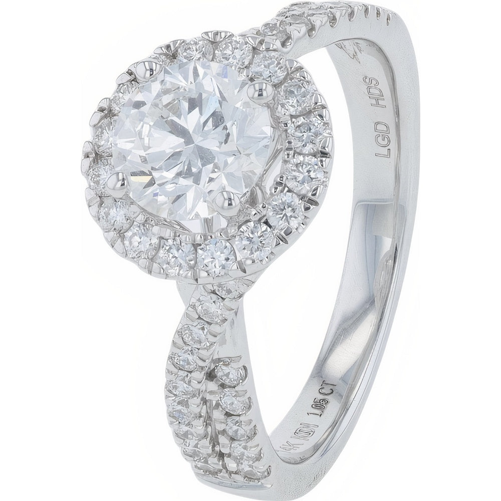 14K White Gold 2.00 Carat Total Weight Halo Engagement Ring with Twisted Diamond Band and Round Brilliant Lab Grown Center Stone