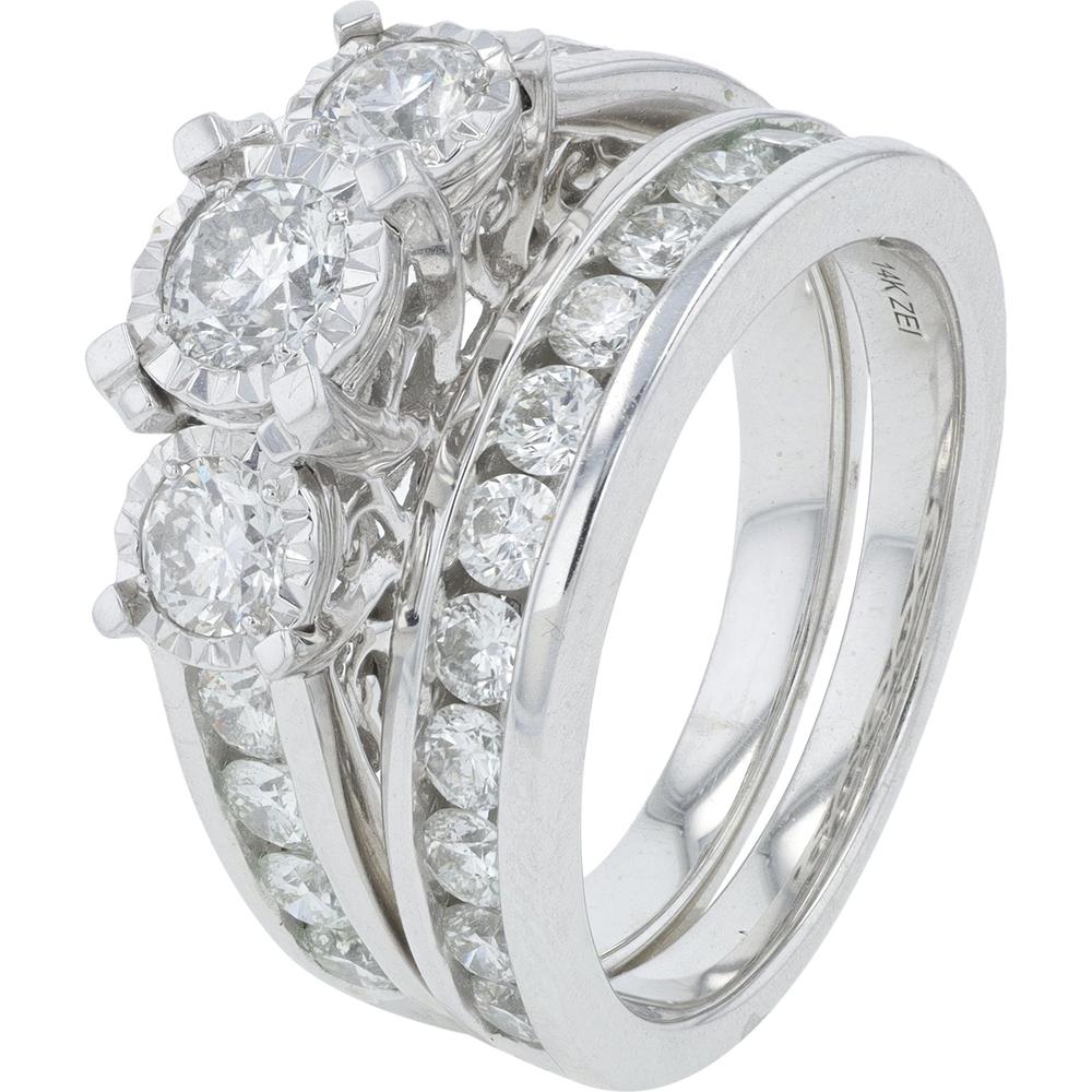 14K White Gold 2.00 Total Carat Weight Diamond Bridal Set with Three-Stone Design and Diamond Accents
