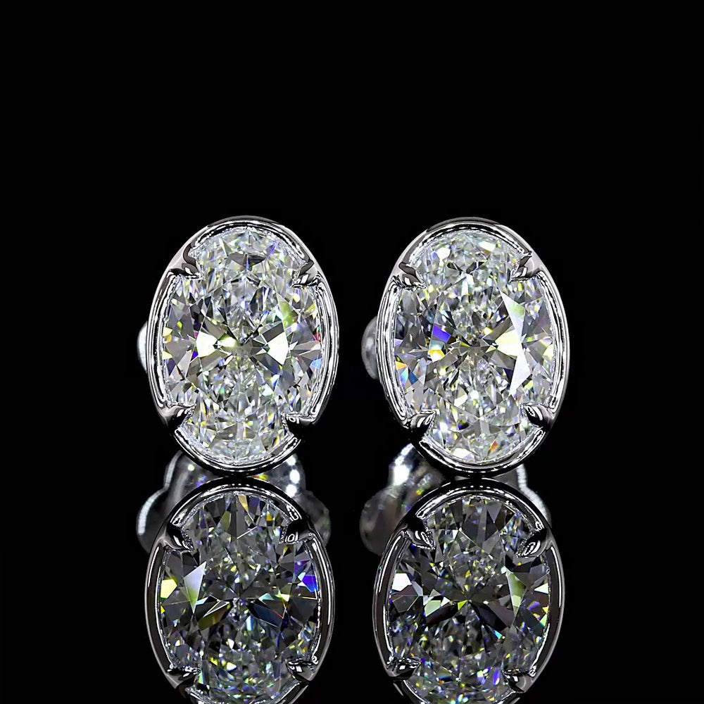 14K White Gold 2.01 Carat Oval Lab Diamond Stud Earrings in Bezel-Prong Setting with E-F Color and VS1 Clarity - Covaloro Fine Jewelry