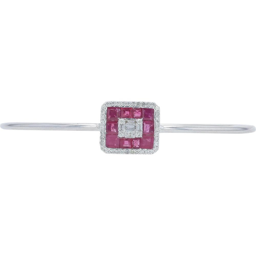 14K White Gold 2.10 Carat Total Weight Ruby Cuff with 0.38 Carat Diamond Halo