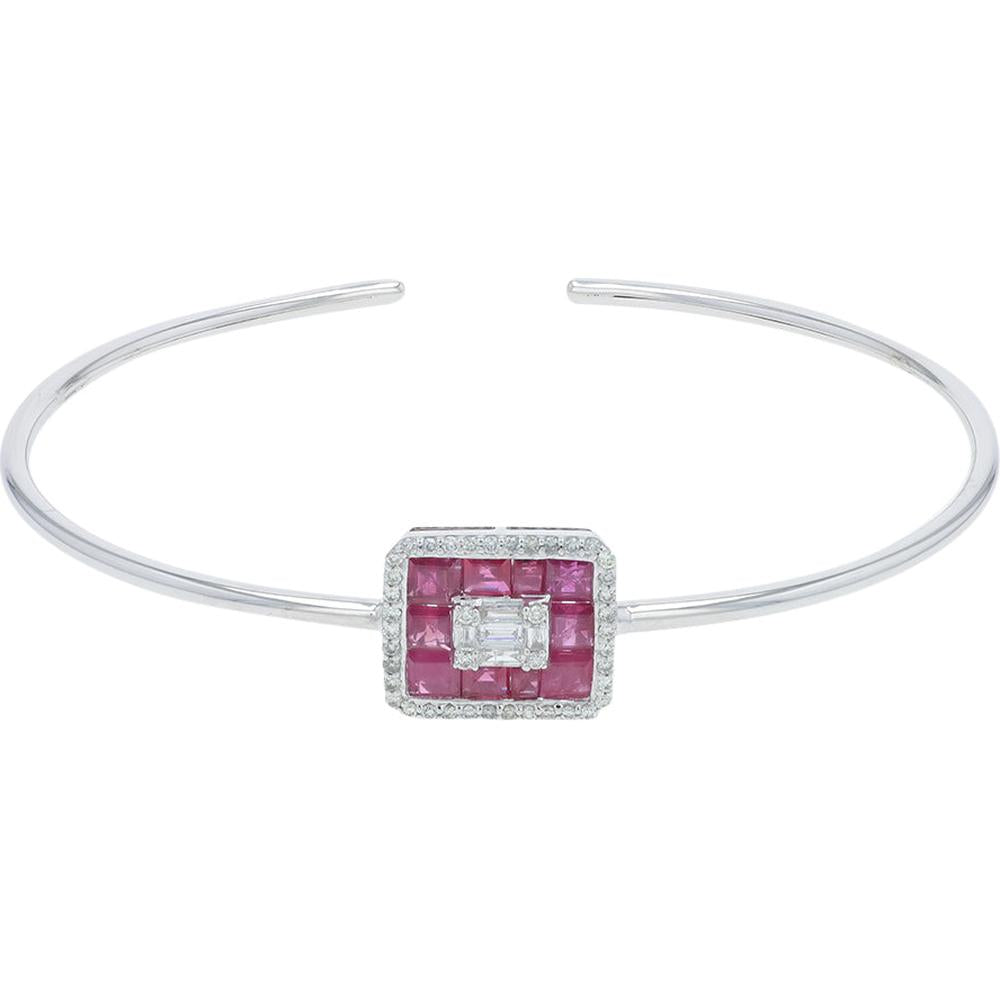 14K White Gold 2.10 Carat Total Weight Ruby Cuff with 0.38 Carat Diamond Halo