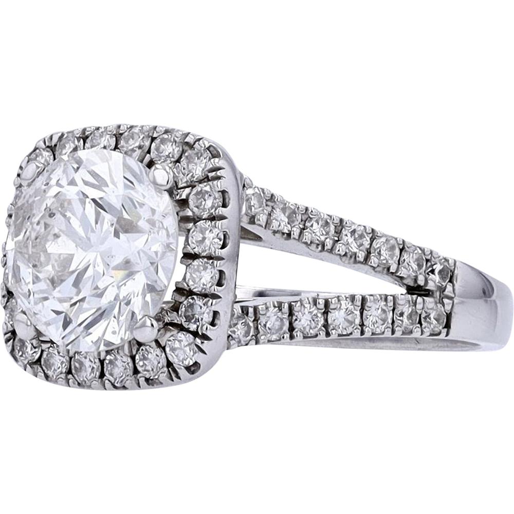 14K White Gold 2.11 Carat Round Brilliant Center Diamond Ring with Diamond Halo - 2.61 Carat Total Diamond Weight