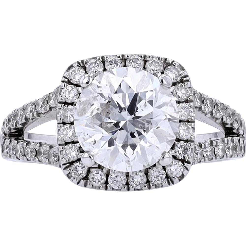 14K White Gold 2.11 Carat Round Brilliant Cut Diamond Halo Ring - 2.61 Carat Total Diamond Weight