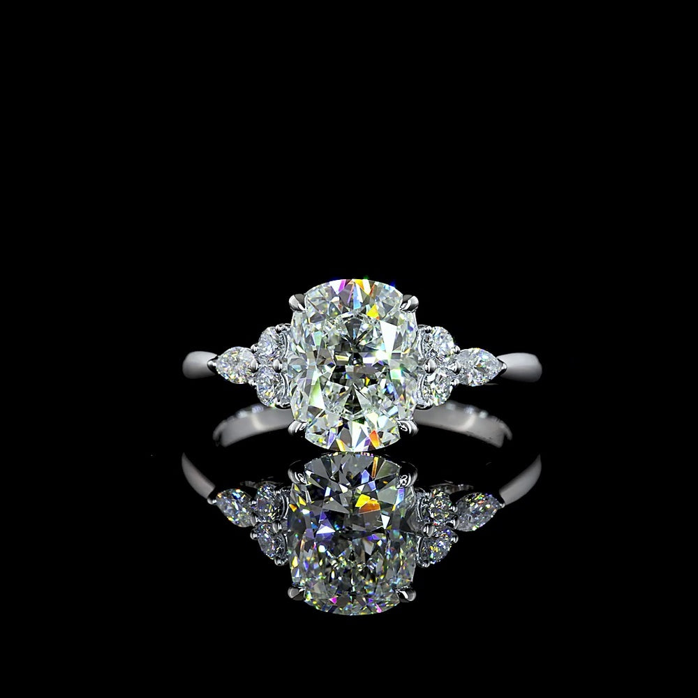 14K White Gold 2.24 Carat Lab Grown Diamond Ring featuring a 2.00 Carat Cushion Brilliant Center and Marquise Cut Side Stones in Prong Setting - IGI Certified E-F VS1 Quality - Covaloro Fine Jewelry