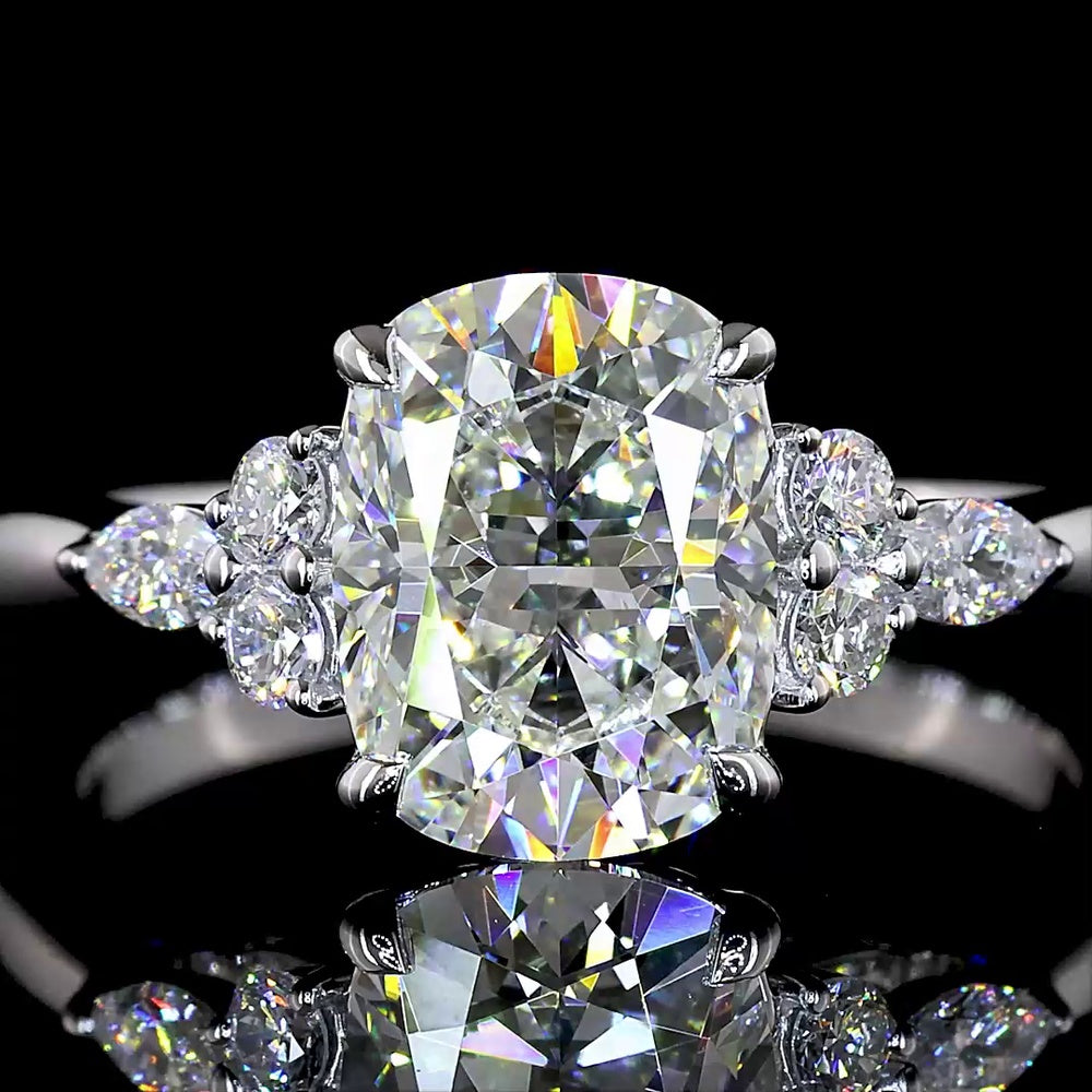 14K White Gold 2.24 Carat Lab Grown Diamond Ring featuring a 2.00 Carat Cushion Brilliant Center and Marquise Cut Side Stones in Prong Setting - IGI Certified E-F VS1 Quality - Covaloro Fine Jewelry