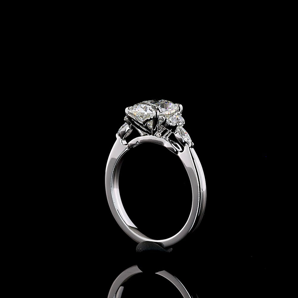 14K White Gold 2.24 Carat Lab Grown Diamond Ring featuring a 2.00 Carat Cushion Brilliant Center and Marquise Cut Side Stones in Prong Setting - IGI Certified E-F VS1 Quality - Covaloro Fine Jewelry