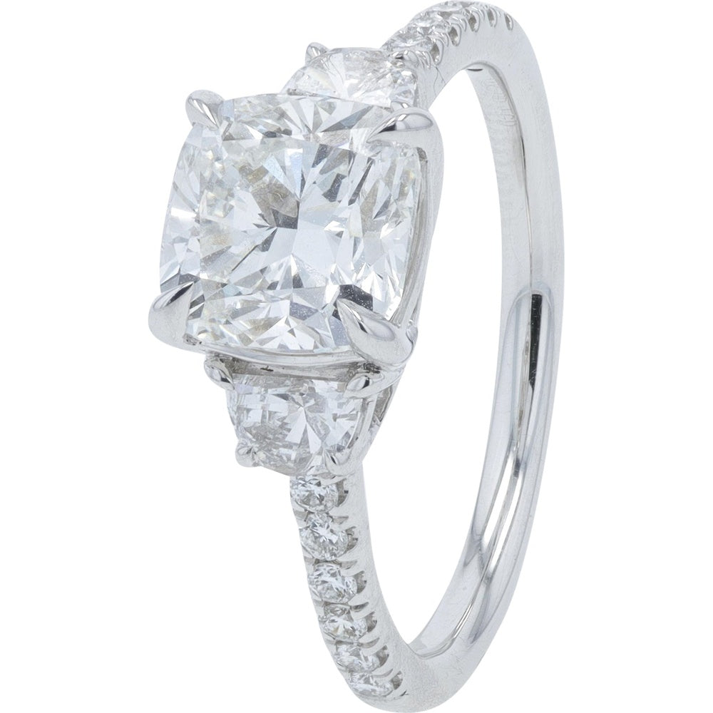 14K White Gold 2.50 Carat Total Weight Cushion-Cut Lab Grown Diamond Engagement Ring with Pavé-Set Round Diamond Accents