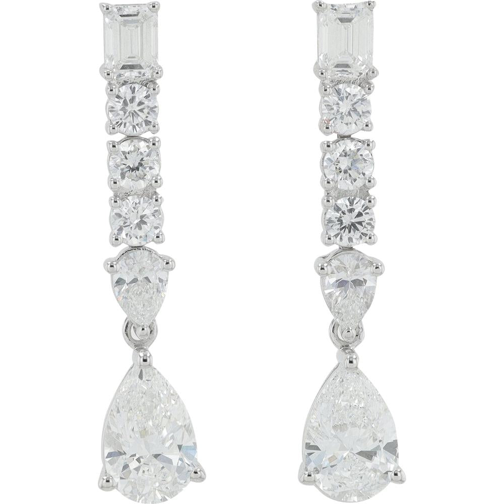 14K White Gold 2.50 Carat Total Weight Lab Grown Diamond Drop Earrings with Emerald, Round, and Pear Cut Stones
