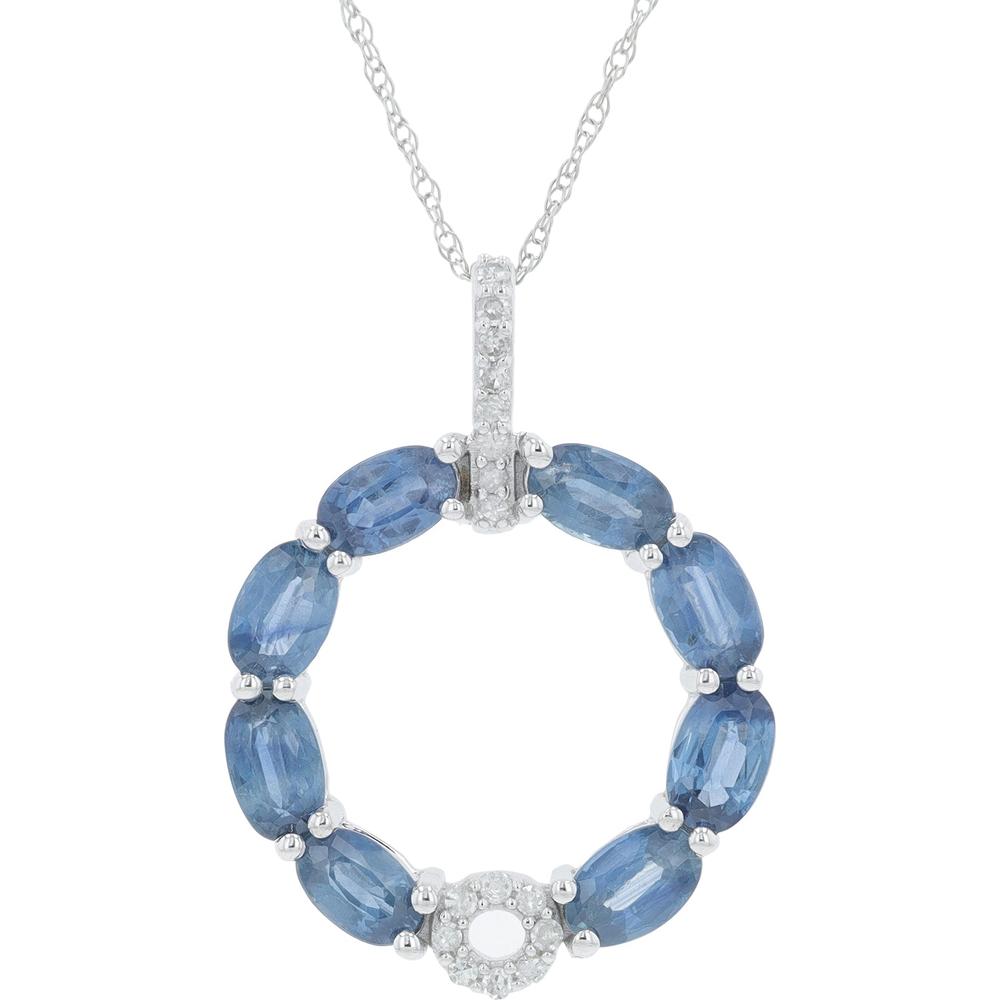 14K White Gold 2.56 Carat Sapphire Circle Pendant with Diamond Halo - 0.10 Carat Total Diamond Weight
