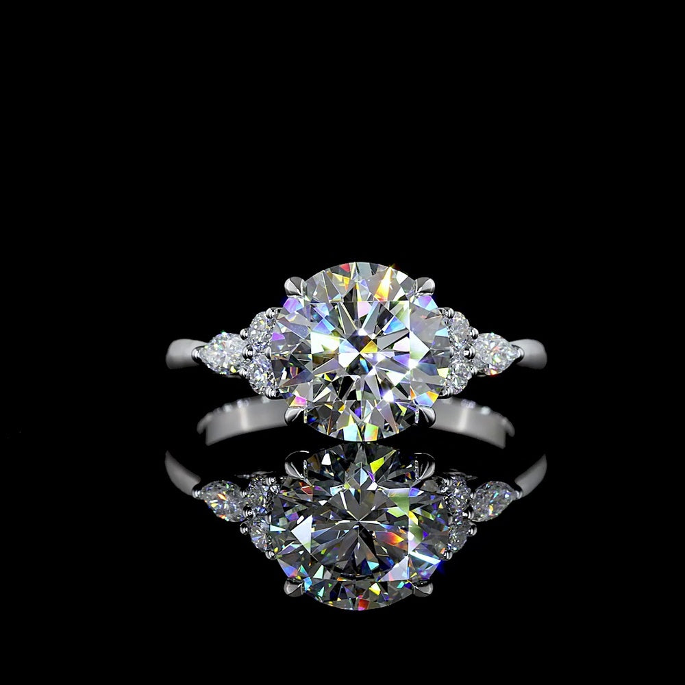 14K White Gold 2.75 Carat Round Brilliant Lab Diamond Ring with Marquise and Round Side Stones - E Color VS1 Clarity - Covaloro Fine Jewelry