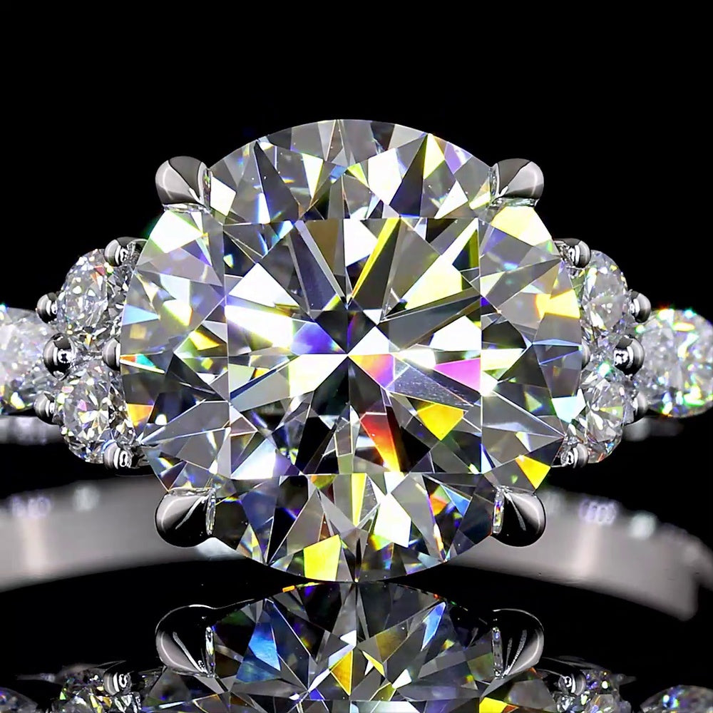 14K White Gold 2.75 Carat Round Brilliant Lab Diamond Ring with Marquise and Round Side Stones - E Color VS1 Clarity - Covaloro Fine Jewelry