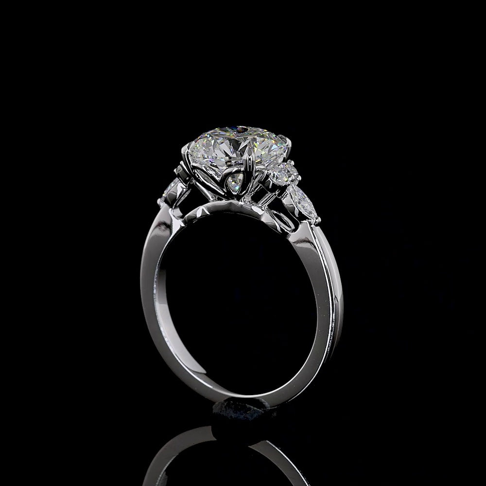 14K White Gold 2.75 Carat Round Brilliant Lab Diamond Ring with Marquise and Round Side Stones - E Color VS1 Clarity - Covaloro Fine Jewelry