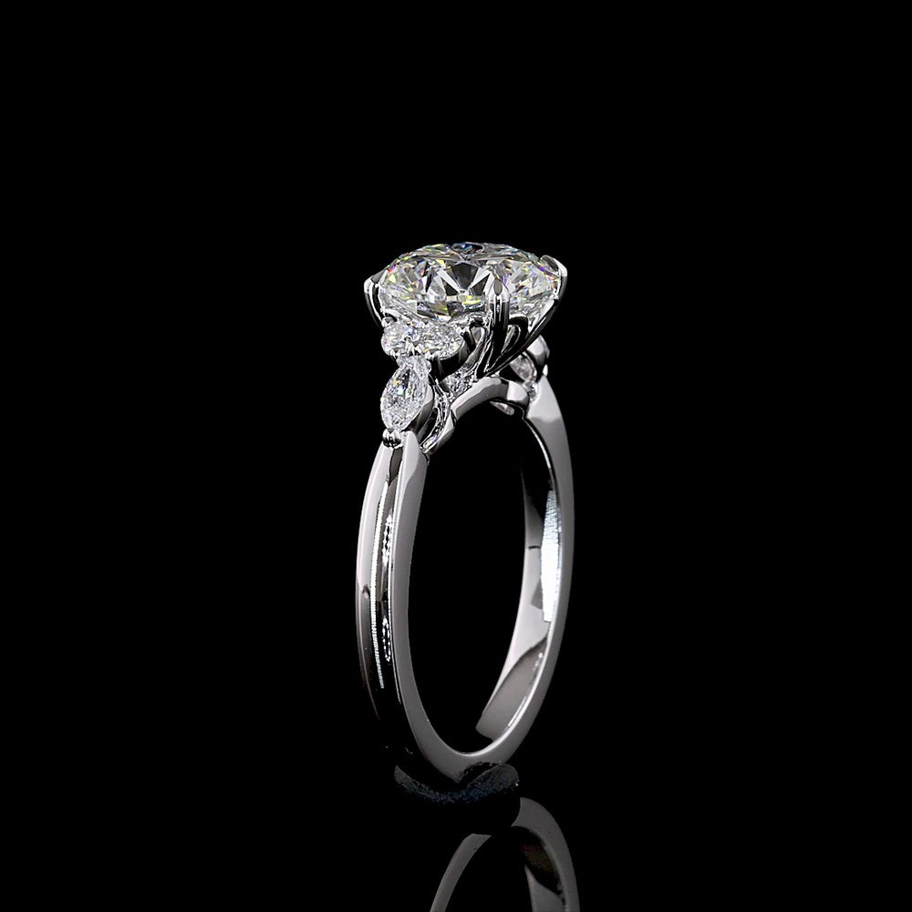 14K White Gold 2.75 Carat Round Brilliant Lab Diamond Ring with Marquise and Round Side Stones - E Color VS1 Clarity - Covaloro Fine Jewelry