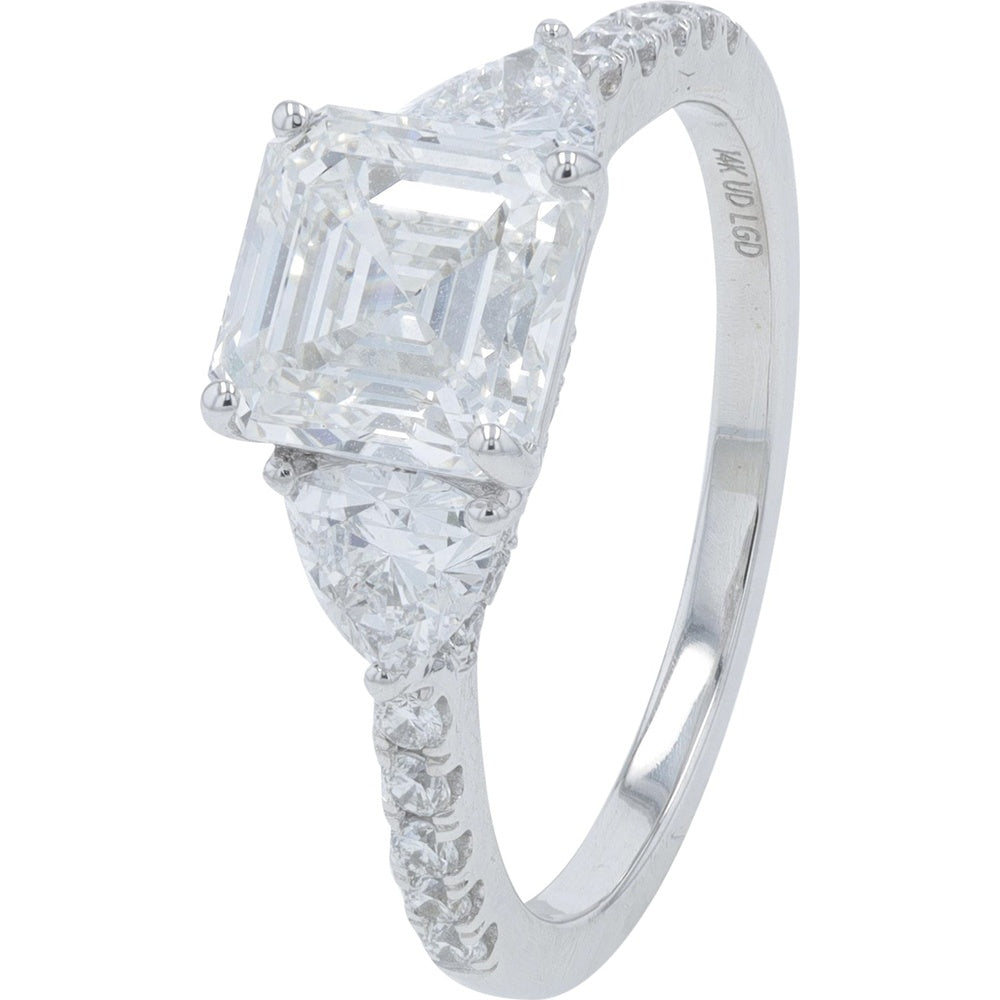 14K White Gold 2.85 Carat Total Weight Lab Grown Diamond Engagement Ring with Asscher Cut Center and Trillion Side Stones - F/G VS Quality