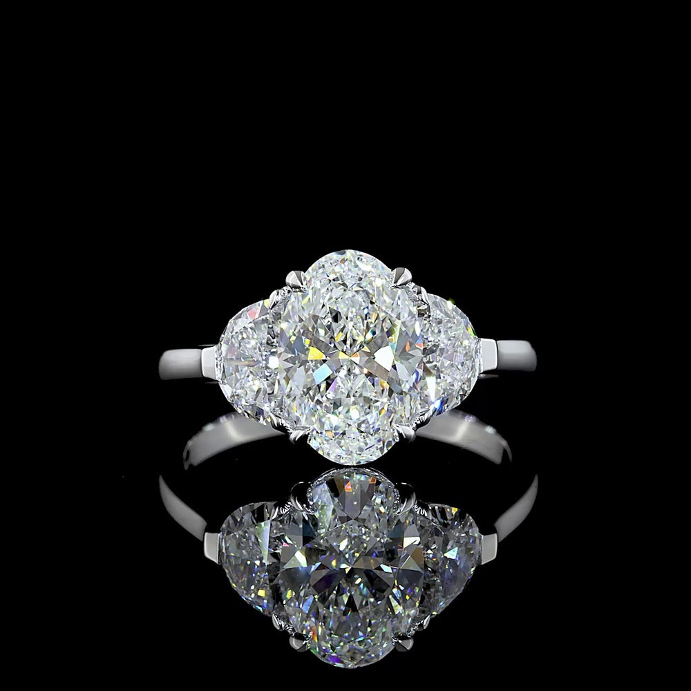 14K White Gold 2.96 Carat Three Stone Ring with Oval and Half-Moon Lab Diamonds E-F VS1 - Covaloro Fine Jewelry