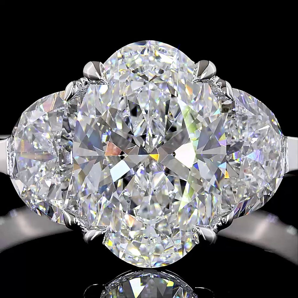14K White Gold 2.96 Carat Three Stone Ring with Oval and Half-Moon Lab Diamonds E-F VS1 - Covaloro Fine Jewelry