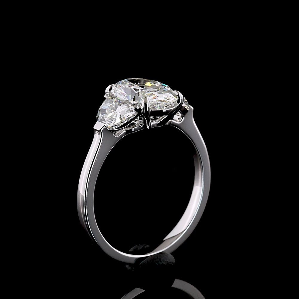 14K White Gold 2.96 Carat Three Stone Ring with Oval and Half-Moon Lab Diamonds E-F VS1 - Covaloro Fine Jewelry
