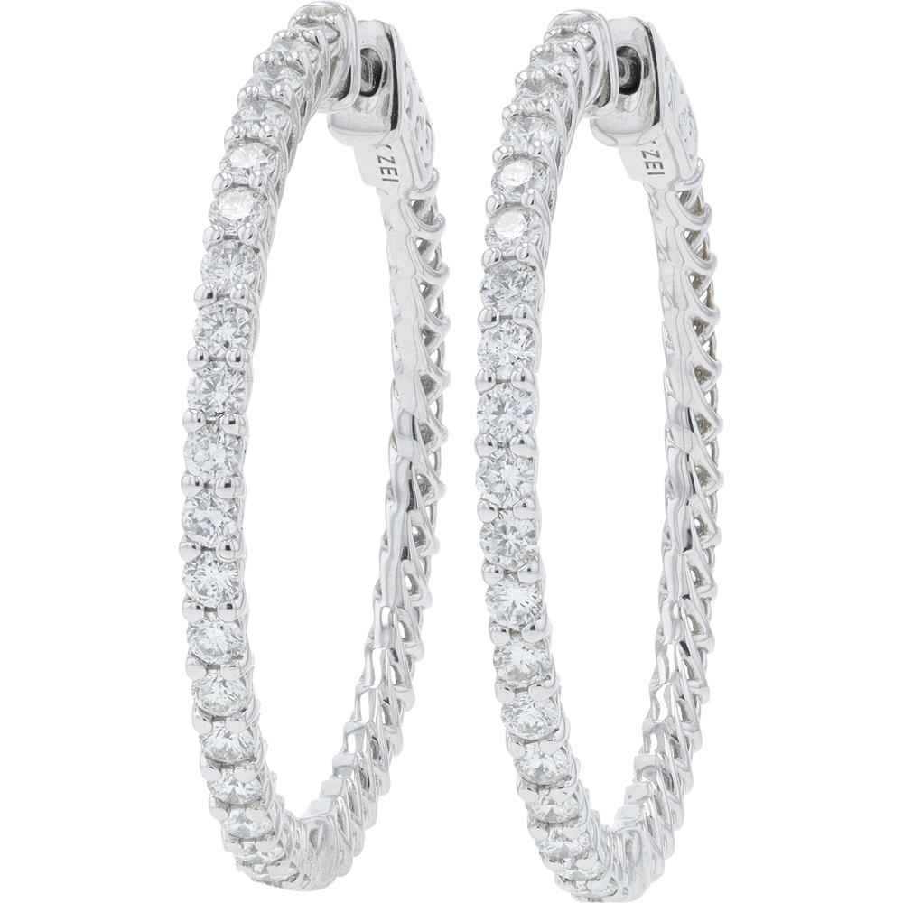 14K White Gold 2 Carat Diamond Inside - Out Hoop Earrings - 2.00 Carat Total Diamond Weight