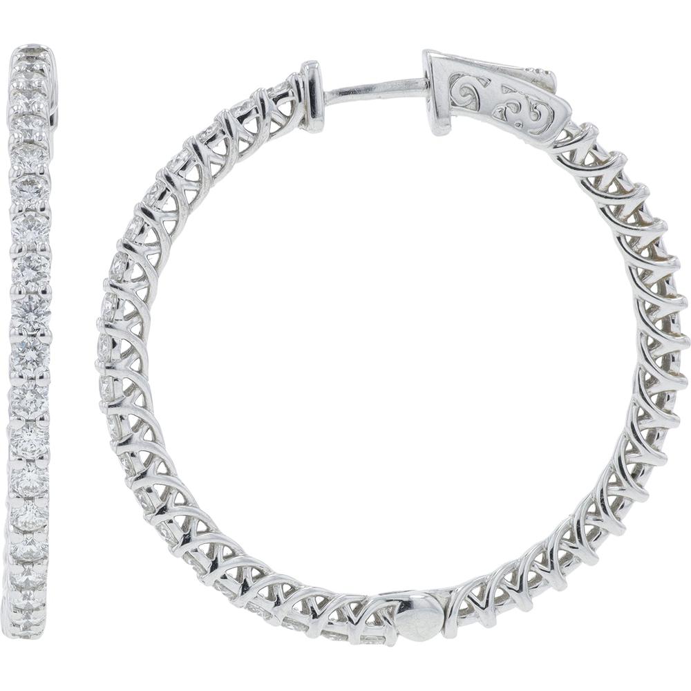 14K White Gold 2 Carat Diamond Inside - Out Hoop Earrings - 2.00 Carat Total Diamond Weight