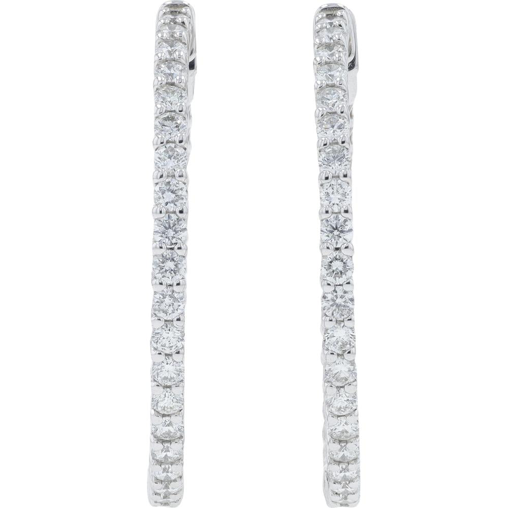 14K White Gold 2 Carat Diamond Inside - Out Hoop Earrings - 2.00 Carat Total Diamond Weight