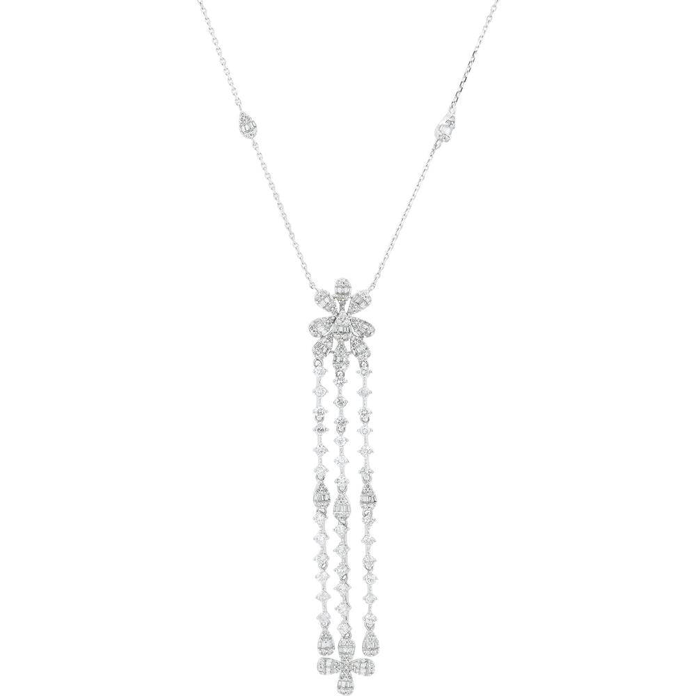 14K White Gold 2 Carat Diamond Necklace with Floral Motif and Dangling Baguette & Round Diamonds