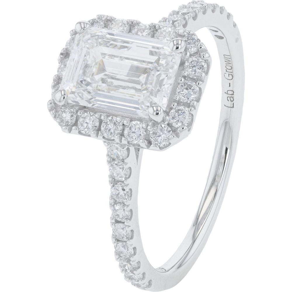 14K White Gold 2 Carat Lab Grown Diamond Emerald Cut Engagement Ring with Halo Diamond Accents
