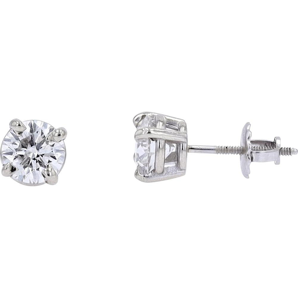 14K White Gold 2 Carat Round Cut Diamond Stud Earrings with Screw Backs - 2.00 Carat Total Diamond Weight