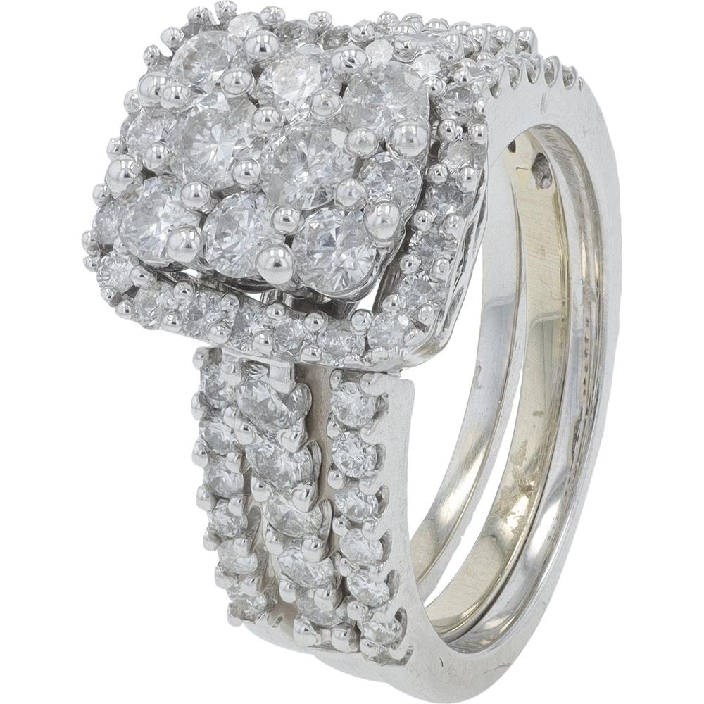 14K White Gold 2 Carat Total Weight Diamond Bridal Ring with Halo and Double Row Band