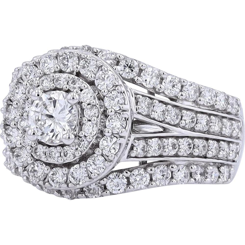 14K White Gold 2 Carat Total Weight Diamond Halo Engagement Ring with Split Shank - 2.00 Carat Total Diamond Weight