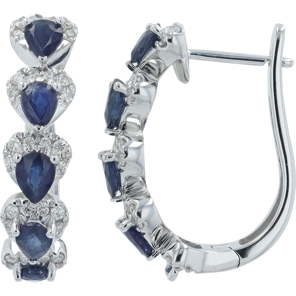 14K White Gold 2 Carat Total Weight Sapphire Hoop Earrings with Diamond Halo Detail