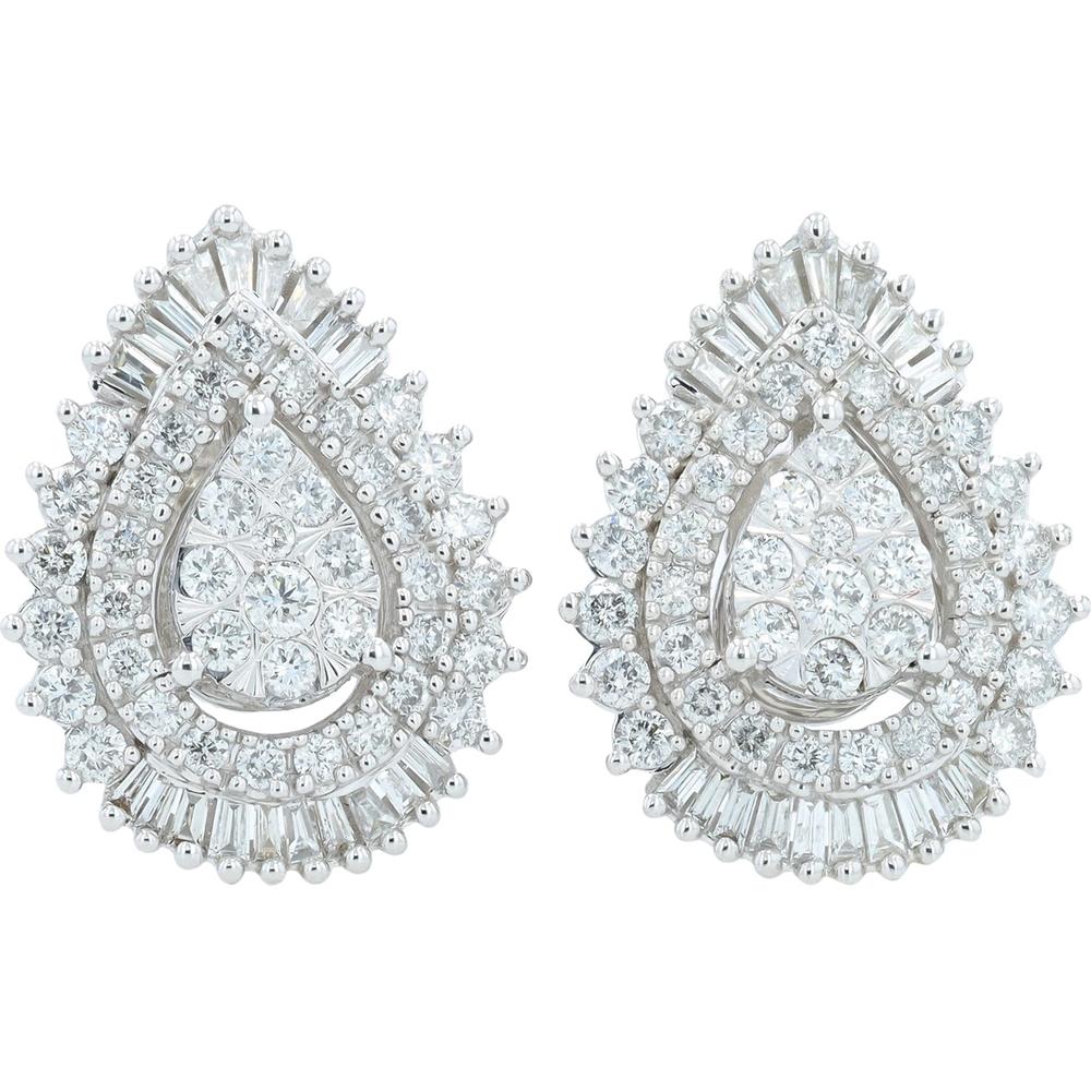 14K White Gold 2 Carats Diamond Cluster Drop Stud Earrings - 2.00 Carat Total Diamond Weight
