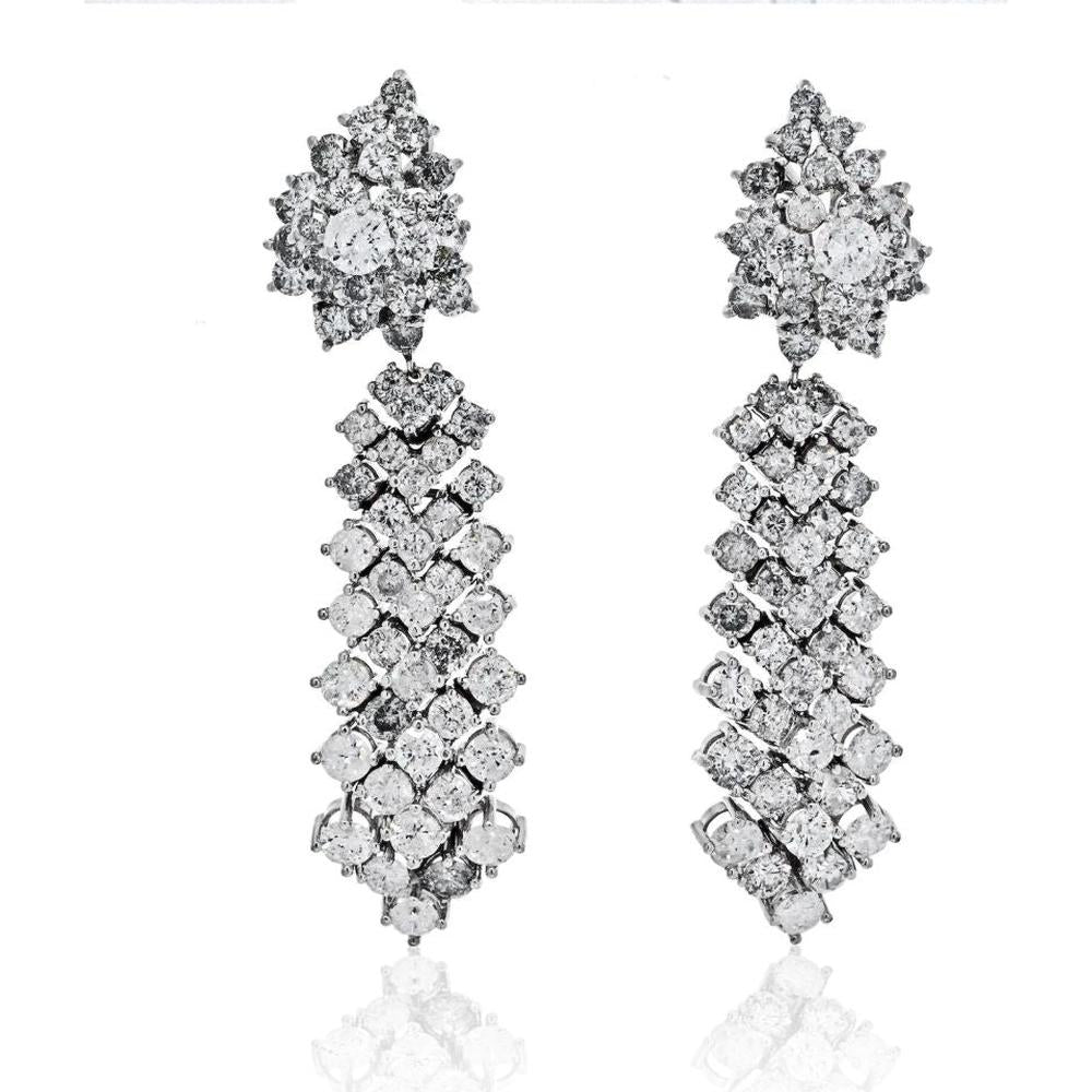 14K White Gold 20 Carat Total Diamond Weight Hanging Drop Earrings with Round Diamonds