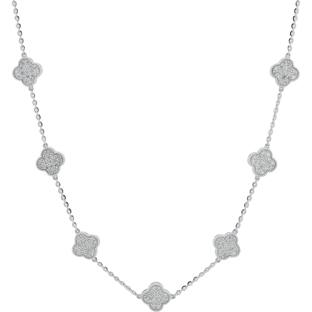 14K White Gold 20 Inch Clover Station Necklace with Milgrain Edged Diamond Motifs - 2.75 Carat Total Diamond Weight