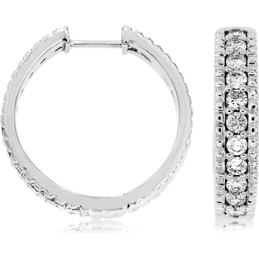 14K White Gold 20mm Diamond Hoop Earrings - 1.00 Carats Total Diamond Weight