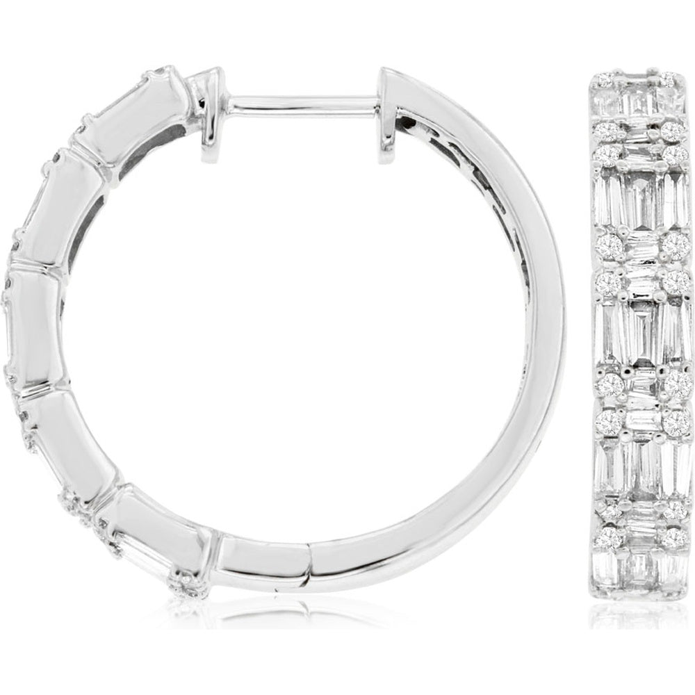14K White Gold 20mm Geometric Hoop Earrings with Alternating Baguette and Round Diamonds - 0.80 Carat Total Diamond Weight - Royal Jewelry